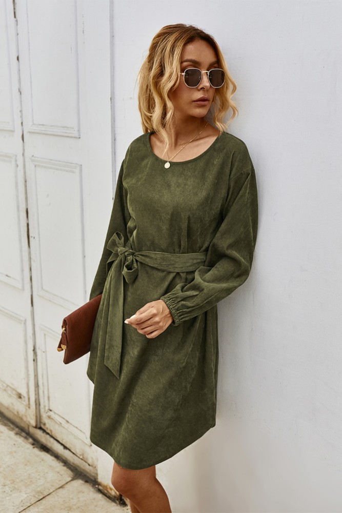 Autumn Plain Short Casual Dress with Belt