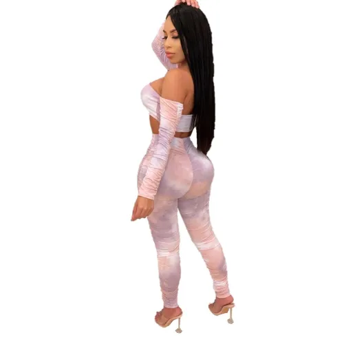 Tie Dye Sexy Crop Top and High Waist Pants Set