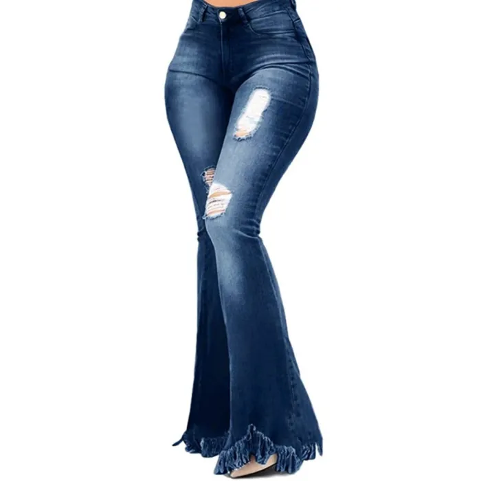 Bell Bottom High Waist Ripped Fringe Jeans