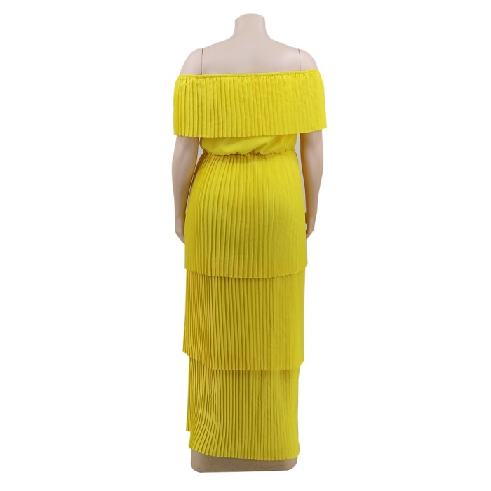Plus Size Yellow Off Shoulder Pleated Long Maxi Dress