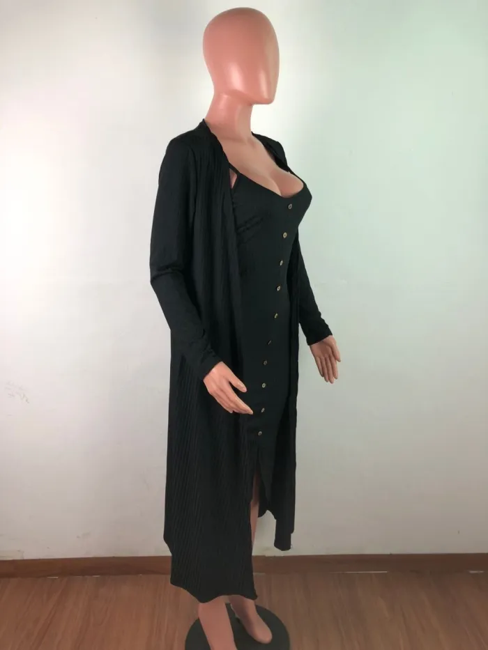 Solid Color Two Piece Dress with Matching Cardigans