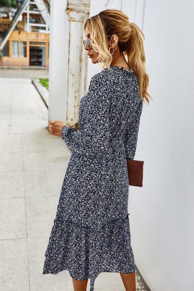 Fall Long Sleeve O Neck Dot Long Dress