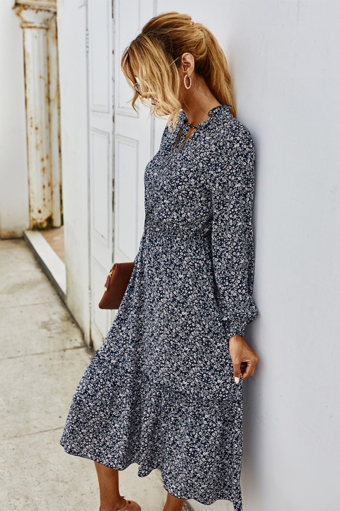Fall Long Sleeve O Neck Dot Long Dress