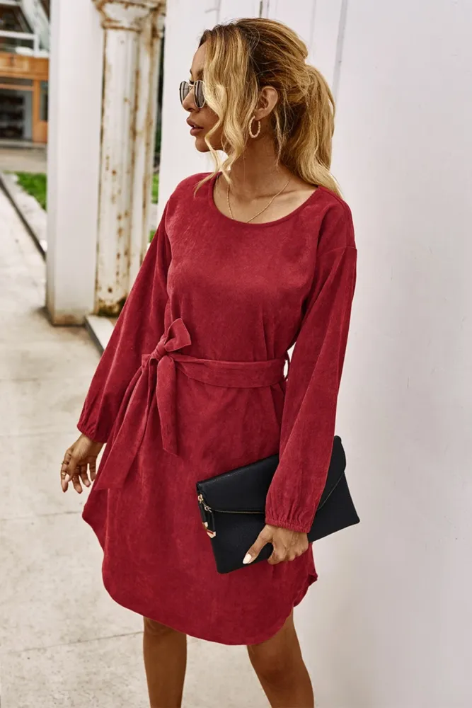Autumn Plain Short Casual Dress with Belt