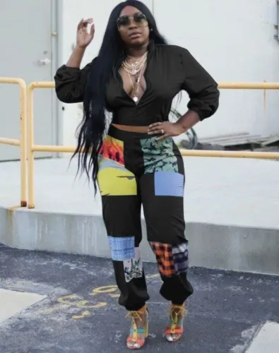 Casual Print Two Piece Matching Crop Top and Pants Set