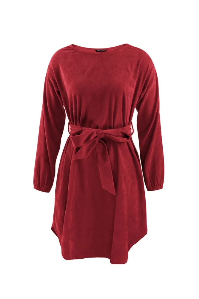 Autumn Plain Short Casual Dress with Belt