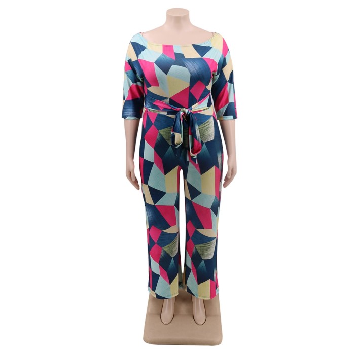 Plus Size Colorful Geommetric Jumpsuit with Belt