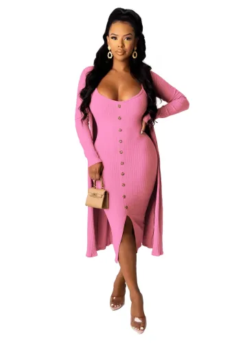 Solid Color Two Piece Dress with Matching Cardigans