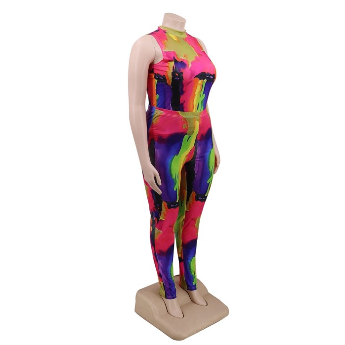 Plus Size Matching Colorful Top and Pants Set