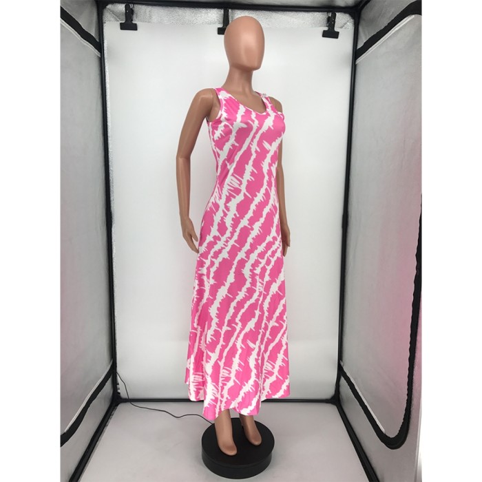 Summer Tie Dye O Neck Sleeveless Long Dress