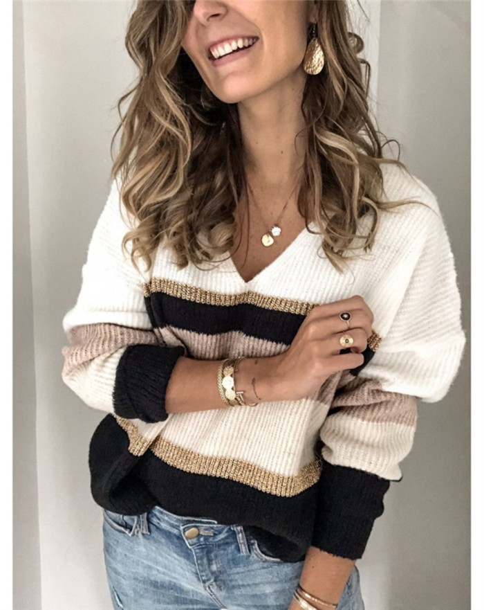 V Neck Striped Multi-Color Pullover Sweater