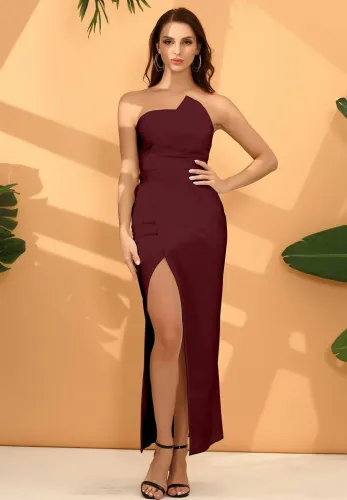 Solid Color Strapless Slit Evening Dress