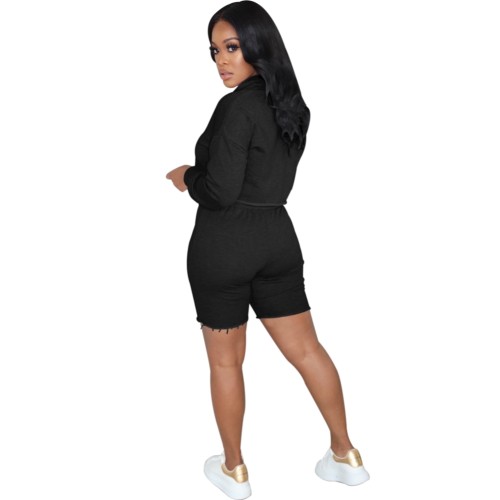 Autumn Solid Color Hoody Crop Top and Shorts Set