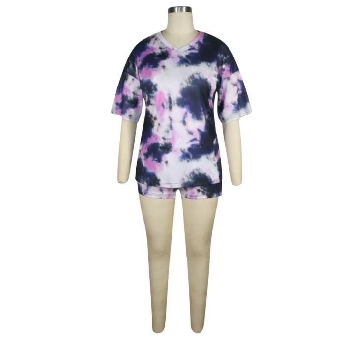 Casual Tie Dye V Neck Shirt and Biker Shorts Set