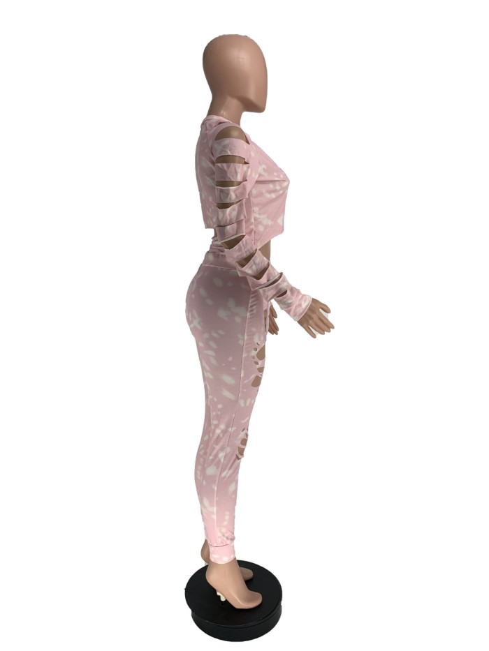 Tie Dye Two Piece Matching Ripped Pants Set