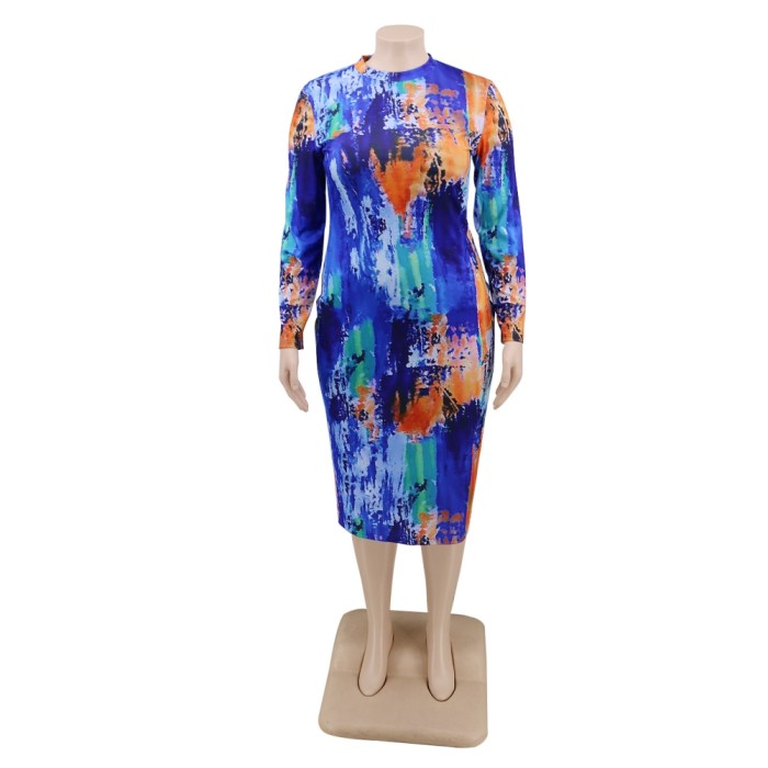 Plus Size Tie Dye Midi Dress with Full Sleeves