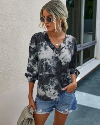 Autumn Tie Dye V Neck Long Sleeve Basic Shirt