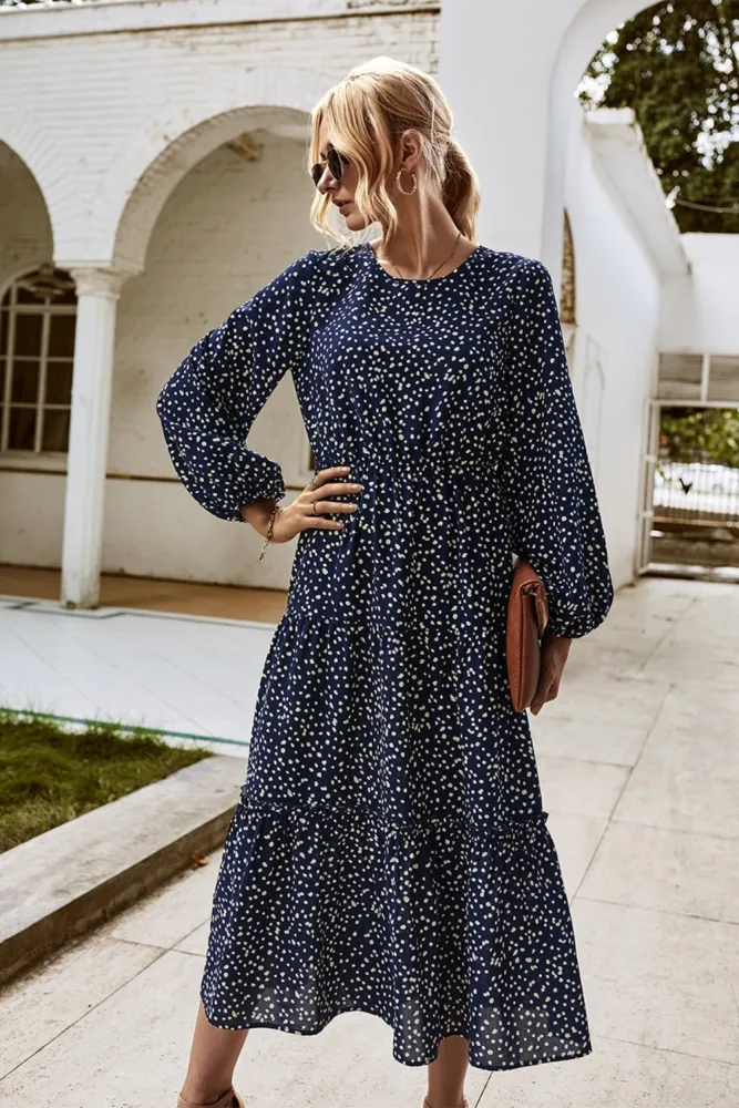Fall Long Sleeve O Neck Dot Long Dress