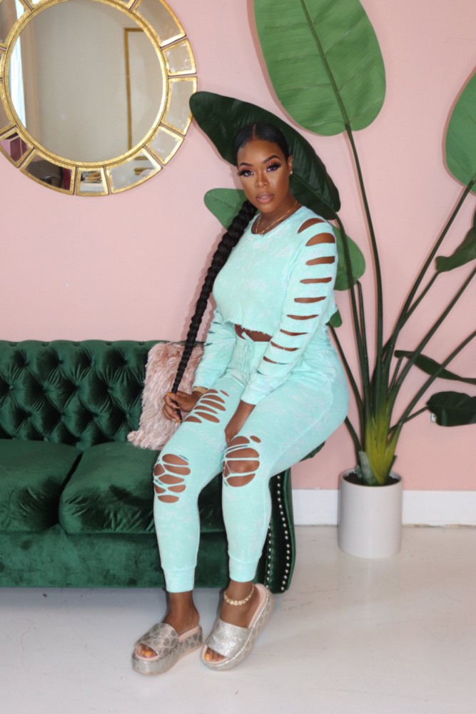 Tie Dye Two Piece Matching Ripped Pants Set