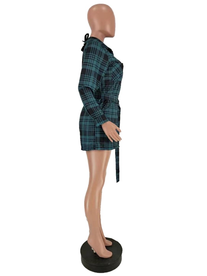 Autumn Black and Green Plaid Blouse with Belt