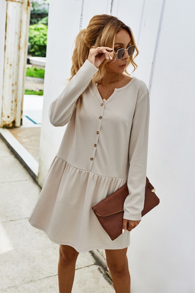 Autumn Plain Long Sleeve Short Casual Dress