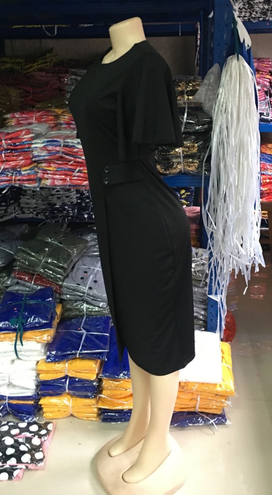 Solid Color Mature Midi Dress with Wide Cuffs