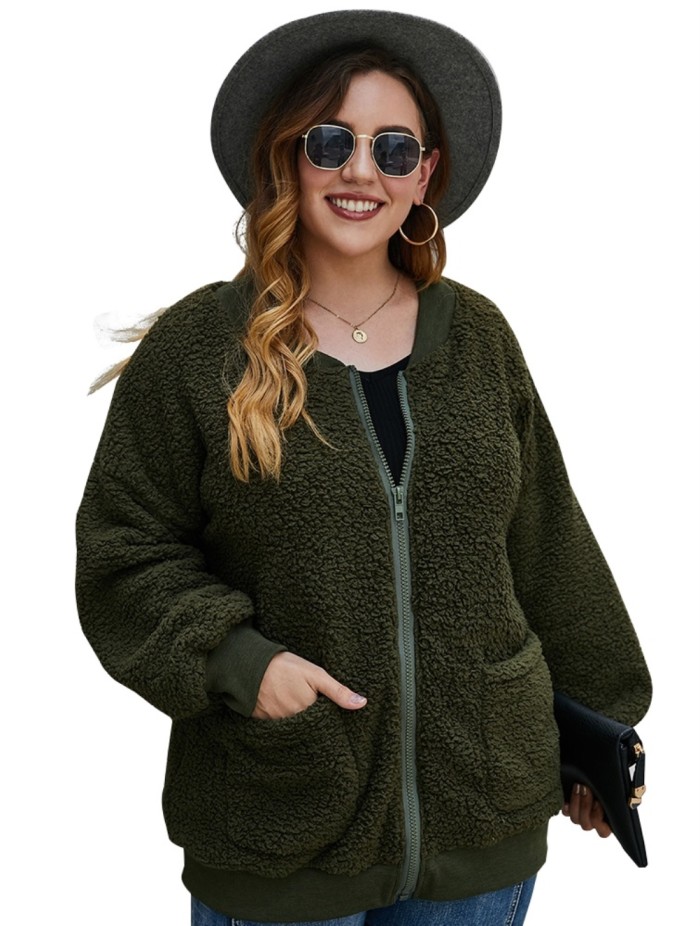 Plus Size Zipped Up Fleece Coat