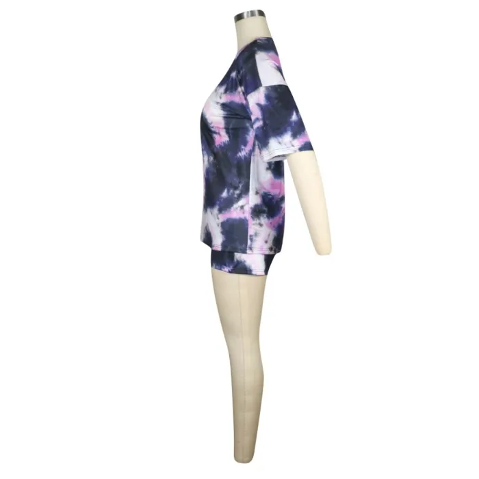 Casual Tie Dye V Neck Shirt and Biker Shorts Set