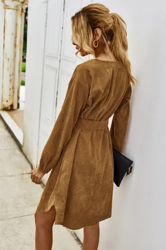 Autumn Plain Short Casual Dress with Belt