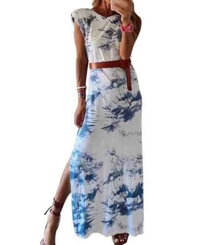 Summer Tie Dye Slit Long Dress with Belt