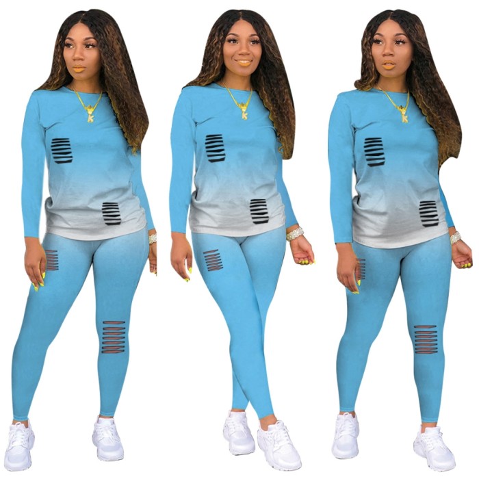 Gradient Two Piece Matching Ripped Pants Set