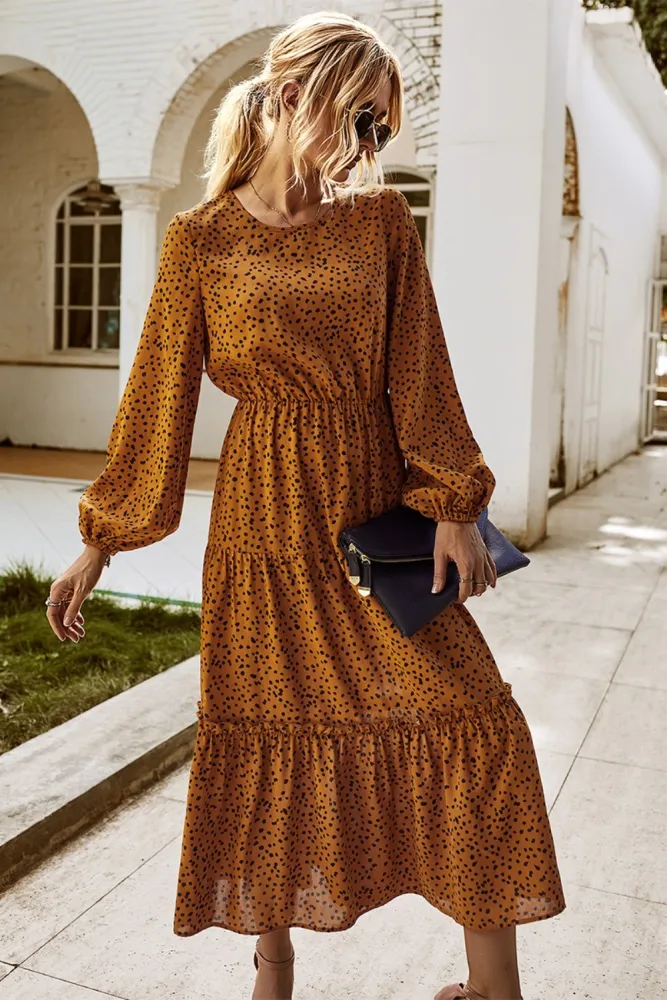 Fall Long Sleeve Square Dot Long Dress