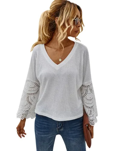 Autumn Knitted V Neck Shirt with Lace Sleeves