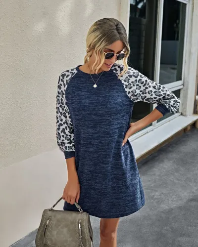 Autumn O Neck Shirt Dress with Leopard Sleeves