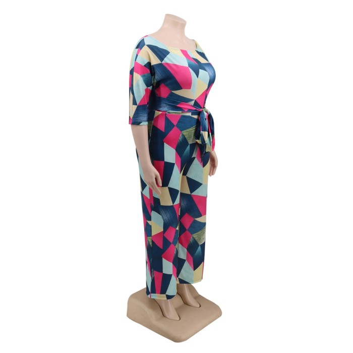 Plus Size Colorful Geommetric Jumpsuit with Belt