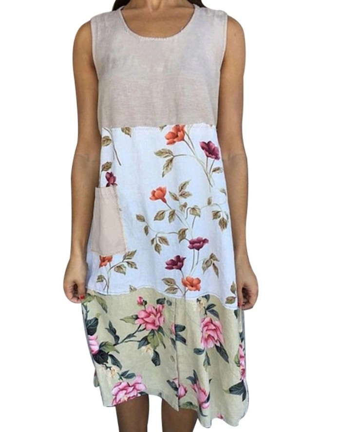 Summer Contrast Floral Sleeveless Boho Shirt Dress