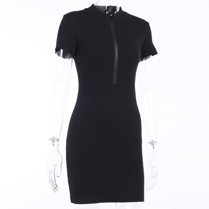 Casual Knitted Short Sleeve Zipper Mini Dress