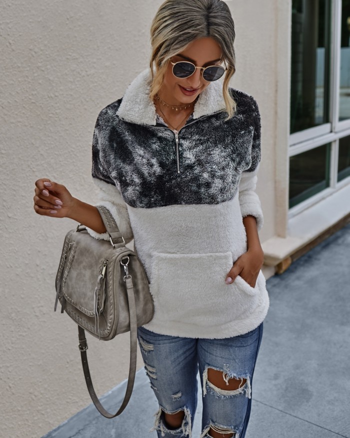 Autumn Tie Dye Pocket Plush Hoodie Top