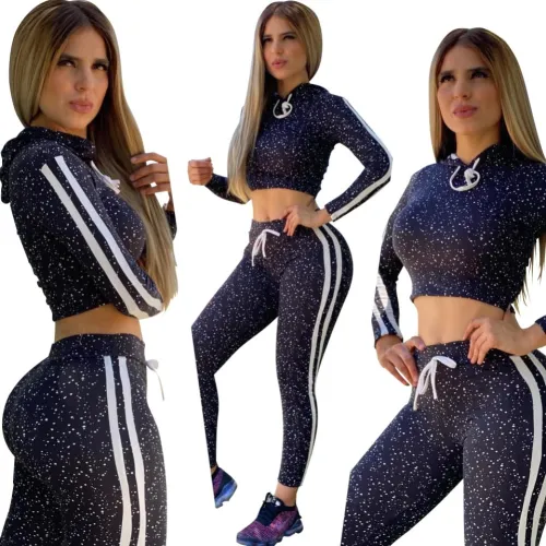 Sports Print Crop Top and Pants Tracksuit