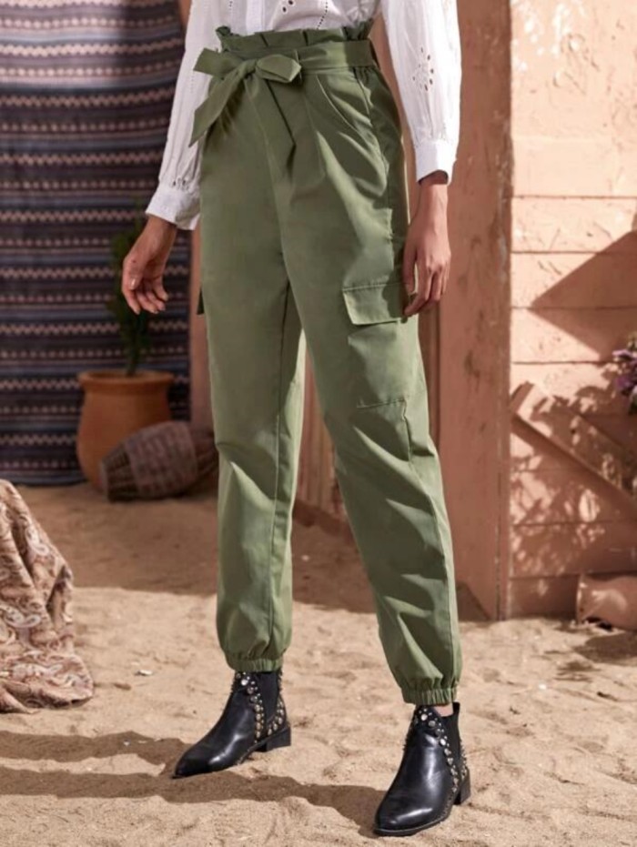 Street Style Green High Waist Trousers with Belt