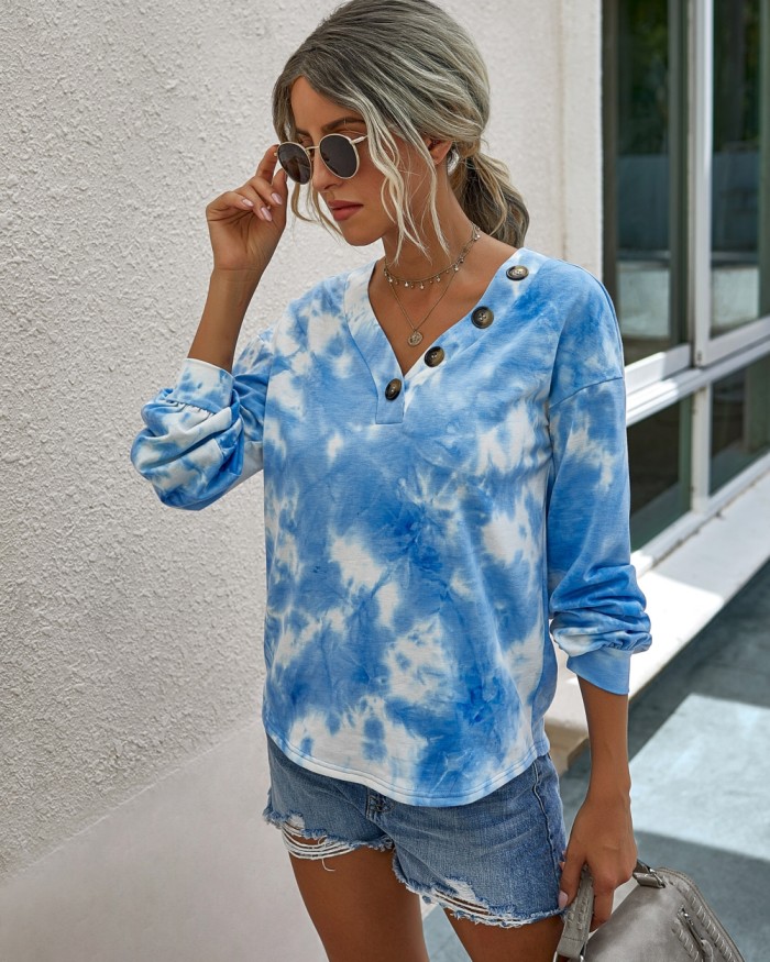 Autumn Tie Dye V Neck Long Sleeve Basic Shirt
