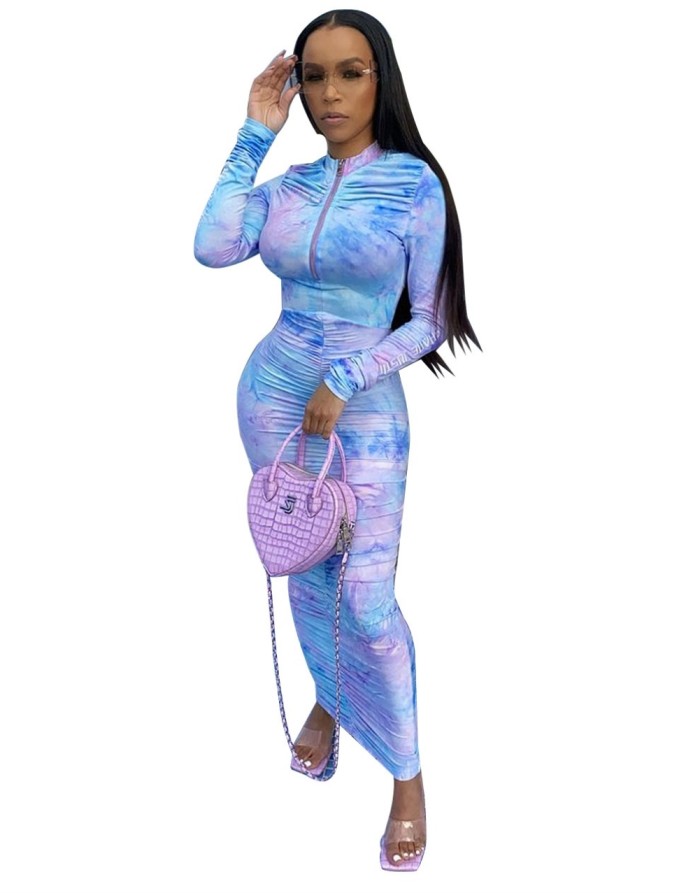 Tie Dye Ruched Long Curvy Dress with Full Sleeves