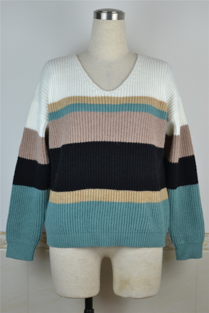 V Neck Striped Multi-Color Pullover Sweater
