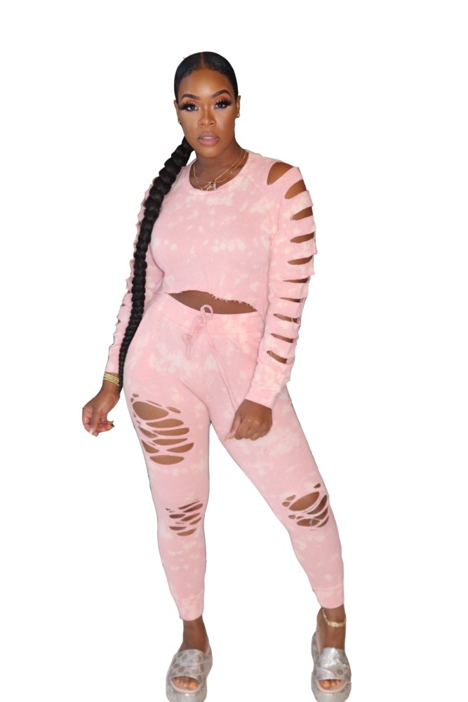 Tie Dye Two Piece Matching Ripped Pants Set