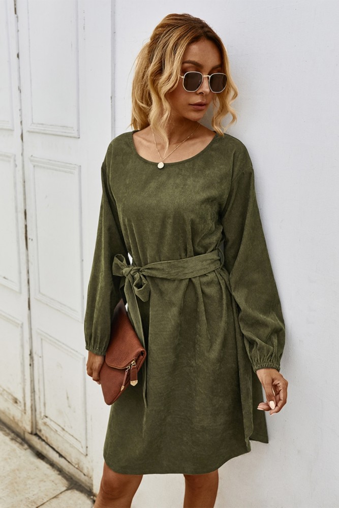 Autumn Plain Short Casual Dress with Belt