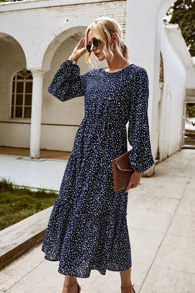 Fall Long Sleeve O Neck Dot Long Dress