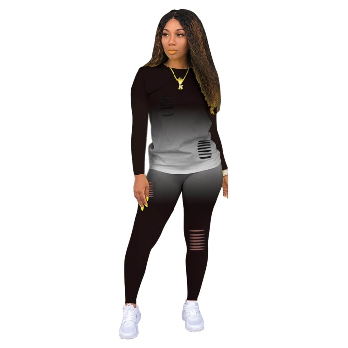 Gradient Two Piece Matching Ripped Pants Set