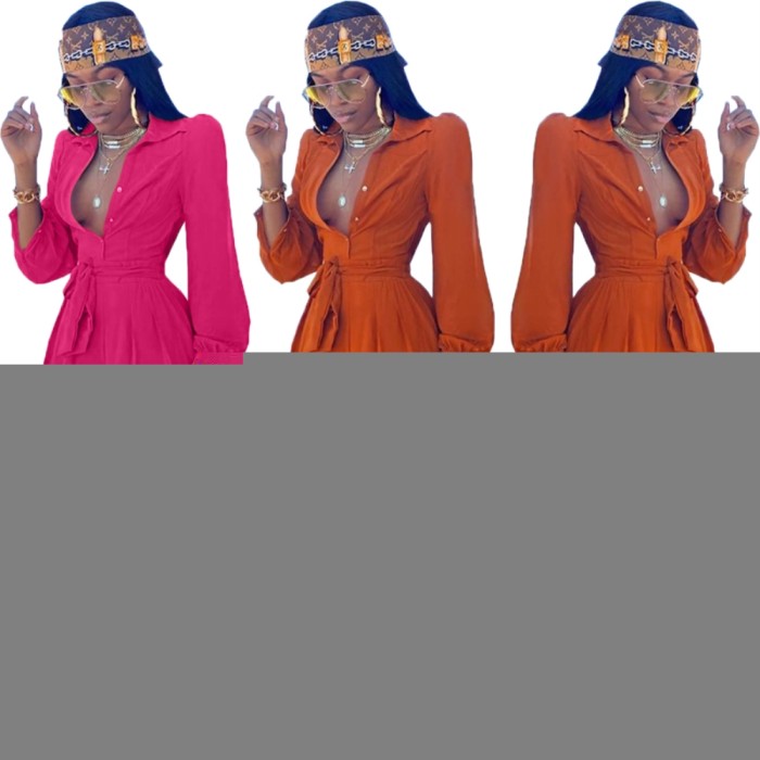 Solid Color Elegant Long Sleeve Jumpsuit with Belt
