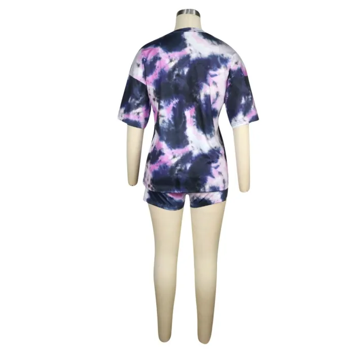 Casual Tie Dye V Neck Shirt and Biker Shorts Set
