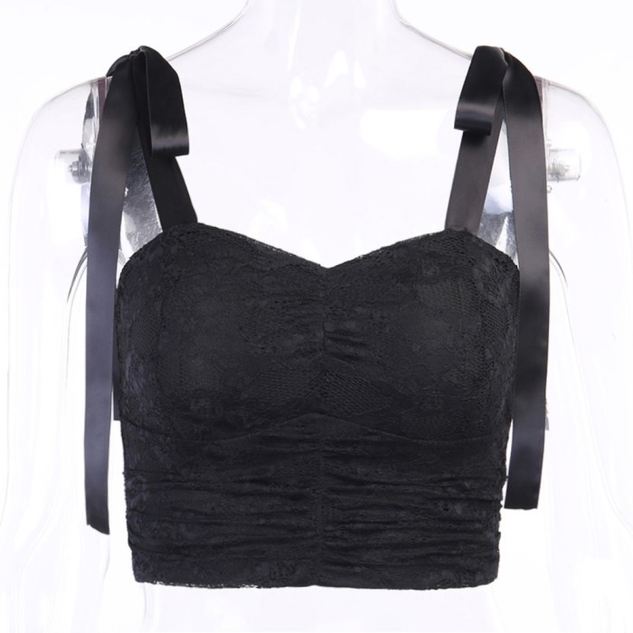 Black Lace Strap Knotted Crop Top